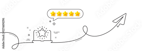 Best laptop line icon. Continuous line with share plane. Notebook with star sign. Computer top review symbol. Five star rate review in speech bubble. Best laptop single line ribbon. Vector