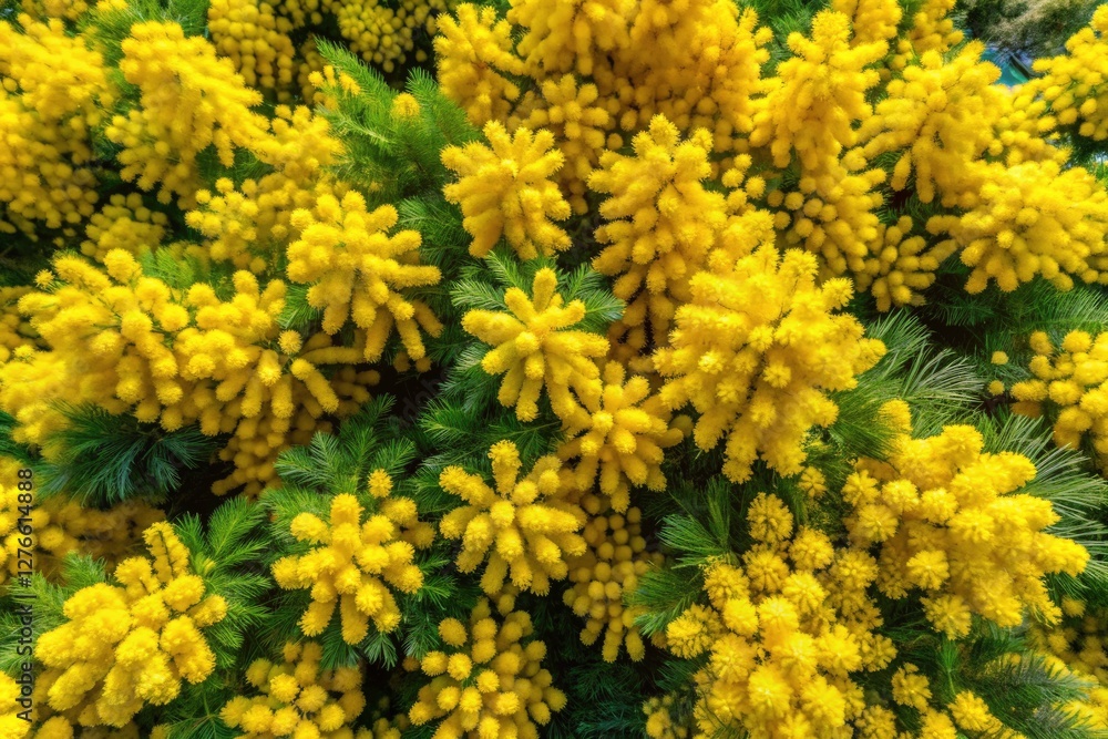Aerial drone shot captures a spring spectacle: a mimosa tree bursting with golden, blooming flowers. Aerial drone shot captures a spring spectacle: a mimosa tree bursting with golden, blooming flowers.