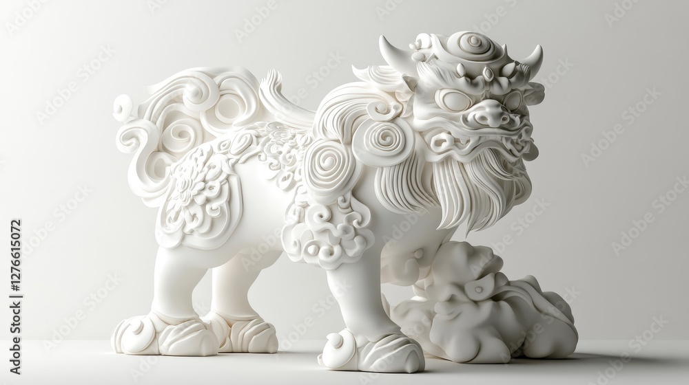 Intricately carved white marble chinese foo dog statue with ornate detailing Intricately carved white marble chinese foo dog statue with ornate detailing