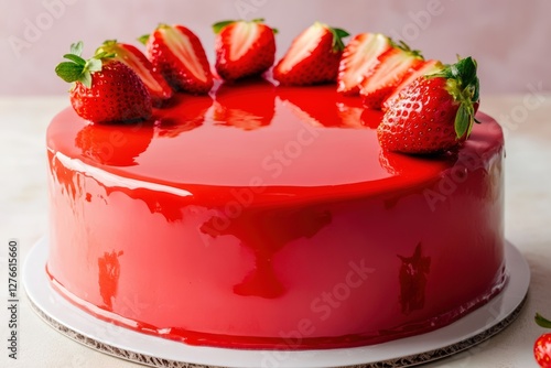 A luxurious strawberry cake covered in a glossy red mirror glaze, topped with fresh strawberries, presented on a white plate.