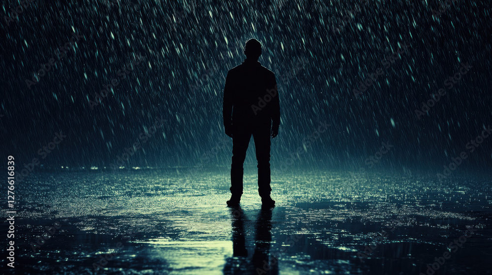 Obraz premium A solitary figure stands in the rain, illuminated by ethereal lights, evoking a sense of solitude, introspection, and the beauty of nature’s elements in a dramatic and cinematic atmosphere.