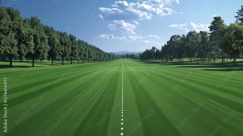 a trailing line down a golf fairway. Green golf course fairway. a trailing line down a golf fairway. Green golf course fairway.