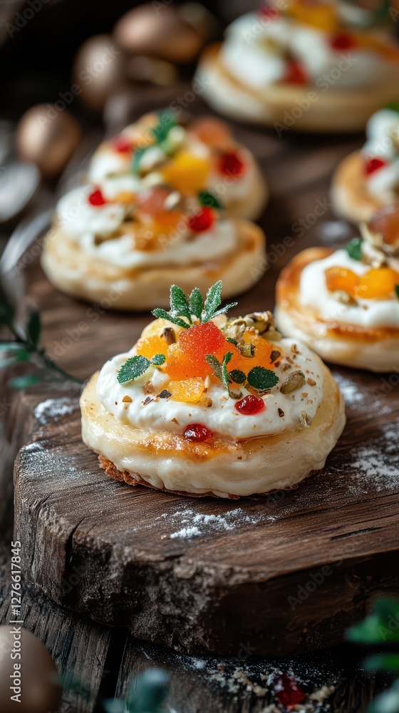 A festive fluffy syrniki adorned with vibrant fruit toppings on a rustic wooden board, capturing the essence of Easter celebrations. Сottage cheese pancakes, traditional Eastern European food A festive fluffy syrniki adorned with vibrant fruit toppings on a rustic wooden board, capturing the essence of Easter celebrations. Сottage cheese pancakes, traditional Eastern European food