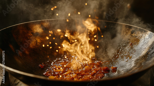 Cooking in a Wok with Flames and Smoke, Capturing the Art of Stir-Frying with Sizzling Ingredients and Bright Sparks, a Dynamic Culinary Scene
