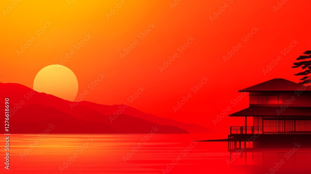 Serene sunset over tranquil waters with silhouetted mountains and a traditional house Serene sunset over tranquil waters with silhouetted mountains and a traditional house