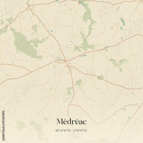 Vintage map of Médréac, France.