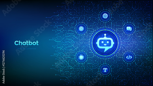 Chatbot. Chatbot assistant application. Smart assistant. AI. Artificial intelligence technology concept. Neural network. Background with circuit board connections and tech icons. Vector Illustration.