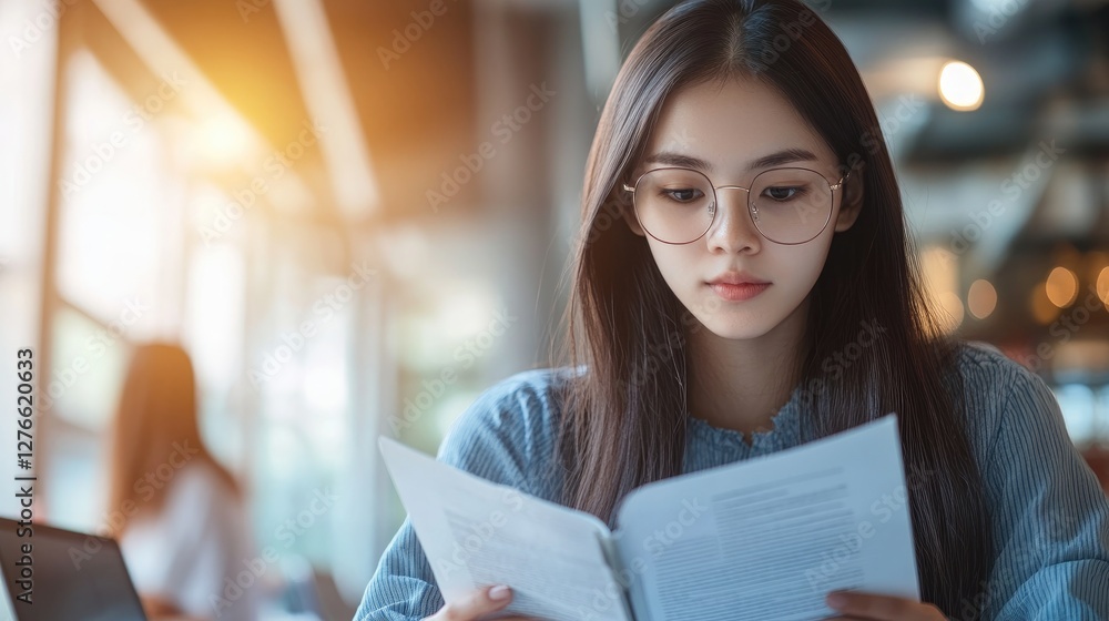 Fototapeta premium Focused Young Woman Reading Documents in Cafe