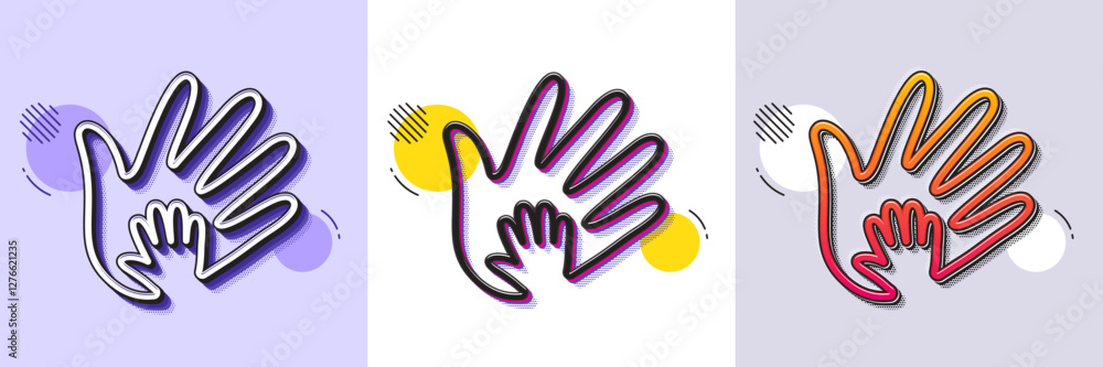 Fototapeta premium Hand line icon. Halftone dotted pattern. Gradient icon with grain shadow. Social responsibility sign. Honesty, collaboration symbol. Line social responsibility icon. Various designs. Vector