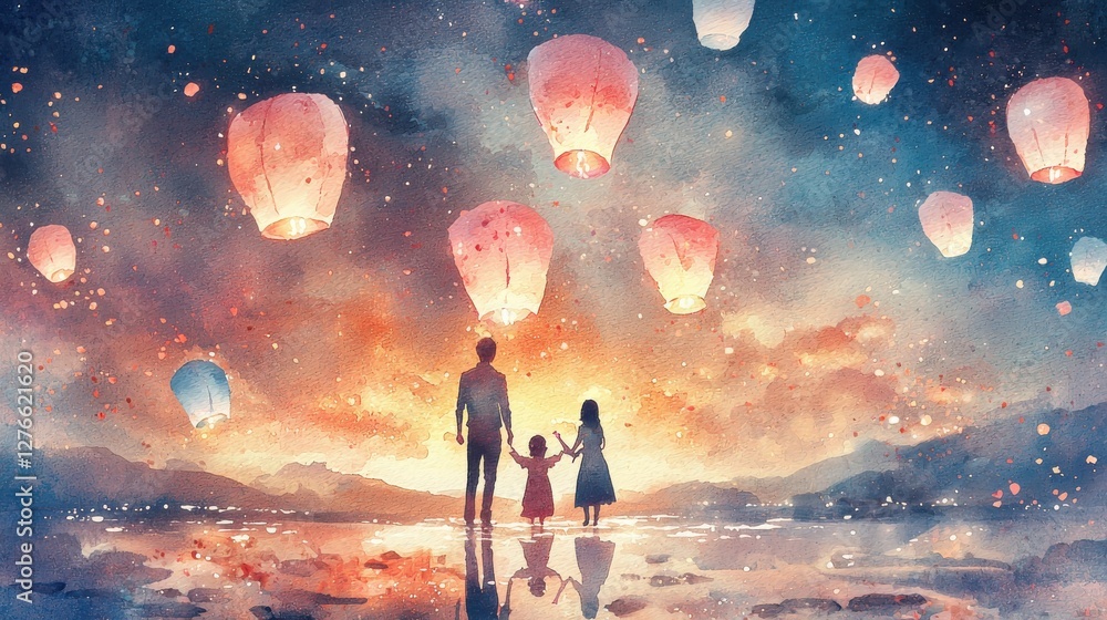 Family Silhouette Watching Sky Lanterns Rise in a Warm Watercolor Landscape Family Silhouette Watching Sky Lanterns Rise in a Warm Watercolor Landscape