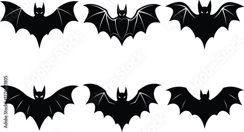flying black bats icon silhouettes, spooky bat silhouette set