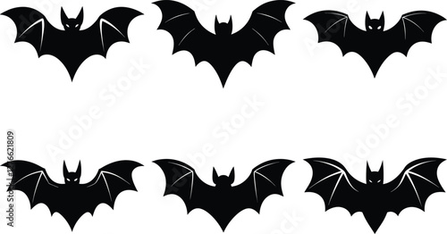 flying black bats icon silhouettes, spooky bat silhouette set