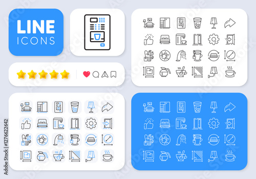 Cupboard, Table lamp and Circle area line icons for web app. Message, Share, Like social media icons. Pack of Coffeepot, Mattress, Open door pictogram icons. Triangle area, Ice tea, Tea signs. Vector