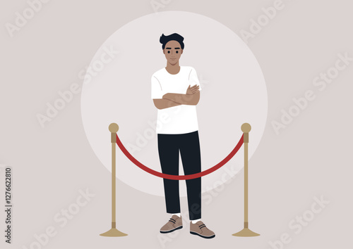 In a contemporary setting, a poised person stands in front of a red velvet rope, arms crossed and a confident expression, embodying a sense of exclusivity and self-assuredness