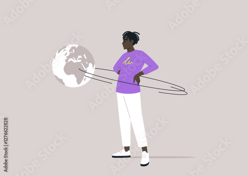 A bold figure stands proudly with hands on waist, a planet revolving in their orbit, illustrating the allure of narcissism and self-importance in a minimalistic style