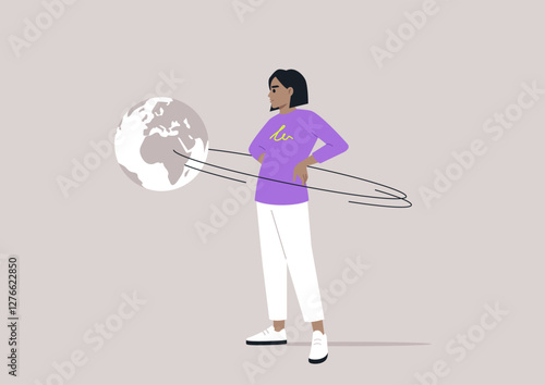 A bold figure stands proudly with hands on waist, a planet revolving in their orbit, illustrating the allure of narcissism and self-importance in a minimalistic style