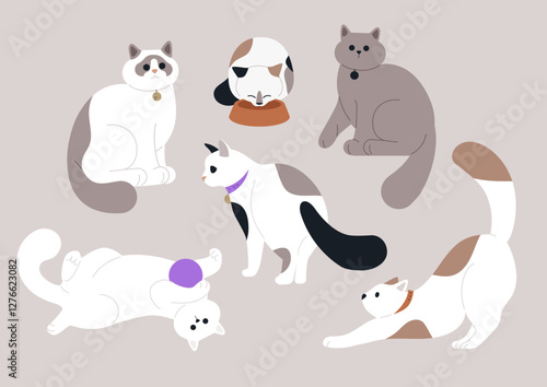 A lively assortment of six distinct cats engaged in various playful activities, capturing the essence of feline charm and individuality against a soft background