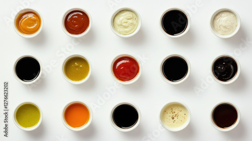 Assorted Sauces and Condiments in Bowls on White Surface for Culinary Inspiration and Recipe Development Featuring Diverse Flavors and Textures