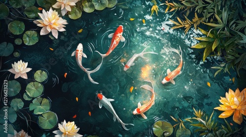 Top view of five Koi fish swimming in a dark teal pond surrounded by vibrant yellow and white water lilies and lush green foliage.