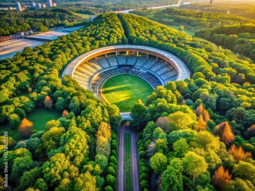 A sweeping aerial view captures the Moses Mabhida Stadium's architecture, nestled in Durban's vibrant green landscape. photo