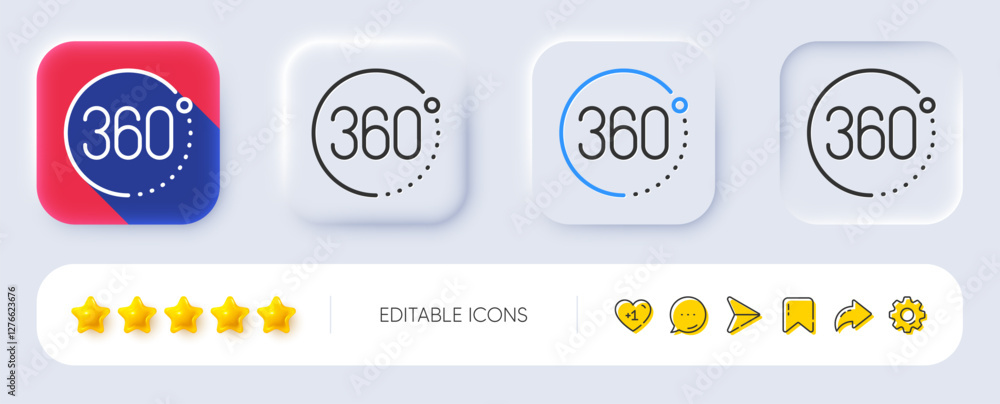 Fototapeta premium 360 degrees line icon. Neumorphic, Flat shadow, 3d buttons. VR simulation sign. Panoramic view symbol. Line 360 degrees icon. Social media icons. Vector