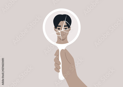A hand holds a shattered mirror reflecting a portrait of a person. Each fragment captures different aspects of their face, symbolizing the multifaceted nature of identity and self-perception