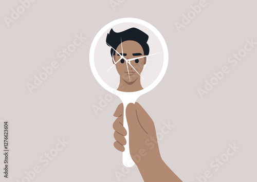 A hand holds a shattered mirror reflecting a portrait of a person. Each fragment captures different aspects of their face, symbolizing the multifaceted nature of identity and self-perception