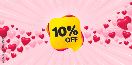 Sale 10 percent love banner with 3d hearts. Sunburst flare background. Sale 10 percent off banner. Discount sticker shape. Coupon bubble icon. Valentines day greeting card. Vector