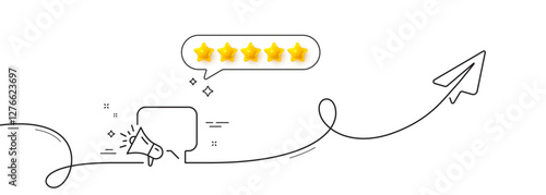 Megaphone line icon. Continuous line with share plane. Advertisement device symbol. Brand ambassador speech bubble sign. Five star rate review in speech bubble. Megaphone single line ribbon. Vector