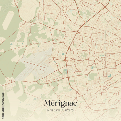 Vintage map of Mérignac, France.