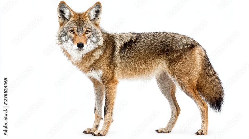 Fototapeta premium Coyote standing on white background with alert eyes and fluffy tail, lone wild canine in studio shot