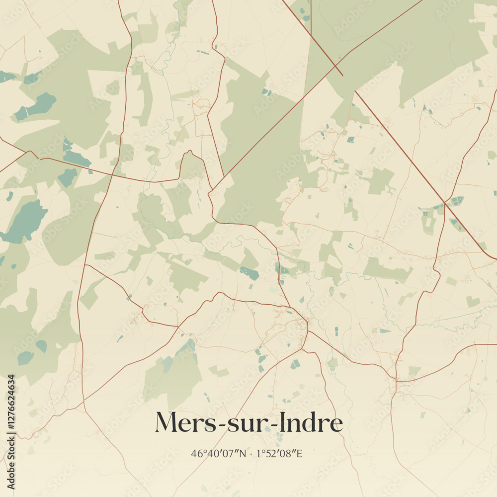 Fototapeta premium Vintage map of Mers-sur-Indre, France.