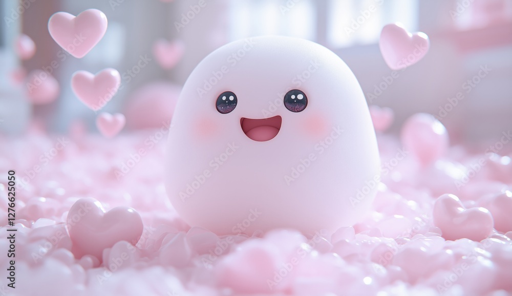 Adorable Pink Blob Character Amidst Hearts A Delightful 3D Rendered Illustration of Happiness and Love