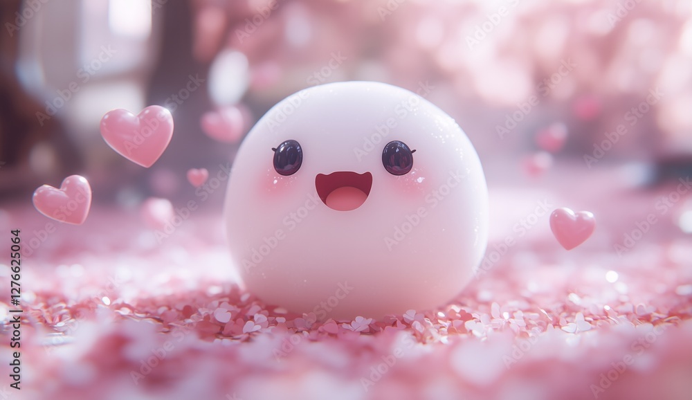 Adorable Mochi Character in a Pink Blossom Wonderland: A 3D Rendered Delight Adorable Mochi Character in a Pink Blossom Wonderland: A 3D Rendered Delight
