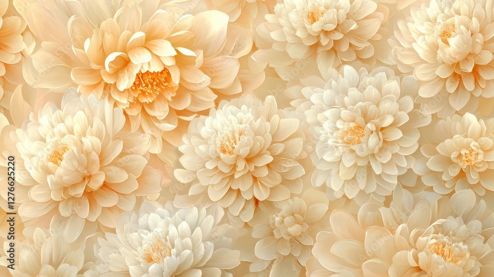 Elegant peach and cream chrysanthemums in full bloom creating a serene floral pattern Elegant peach and cream chrysanthemums in full bloom creating a serene floral pattern