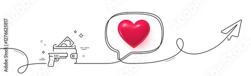 Armed robbery line icon. Continuous line with share plane. Money fraud crime sign. Thief with gun steal cash symbol. 3d heart in speech bubble. Armed robbery single line ribbon. Vector