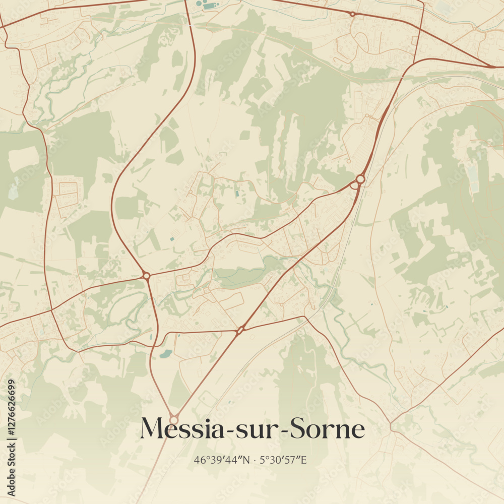 Fototapeta premium Vintage map of Messia-sur-Sorne, France.