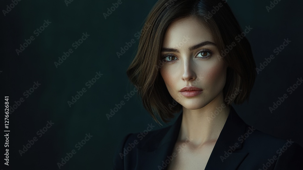 Elegant Portrait of a Young Woman with Short Hair Against a Dark Background Elegant Portrait of a Young Woman with Short Hair Against a Dark Background