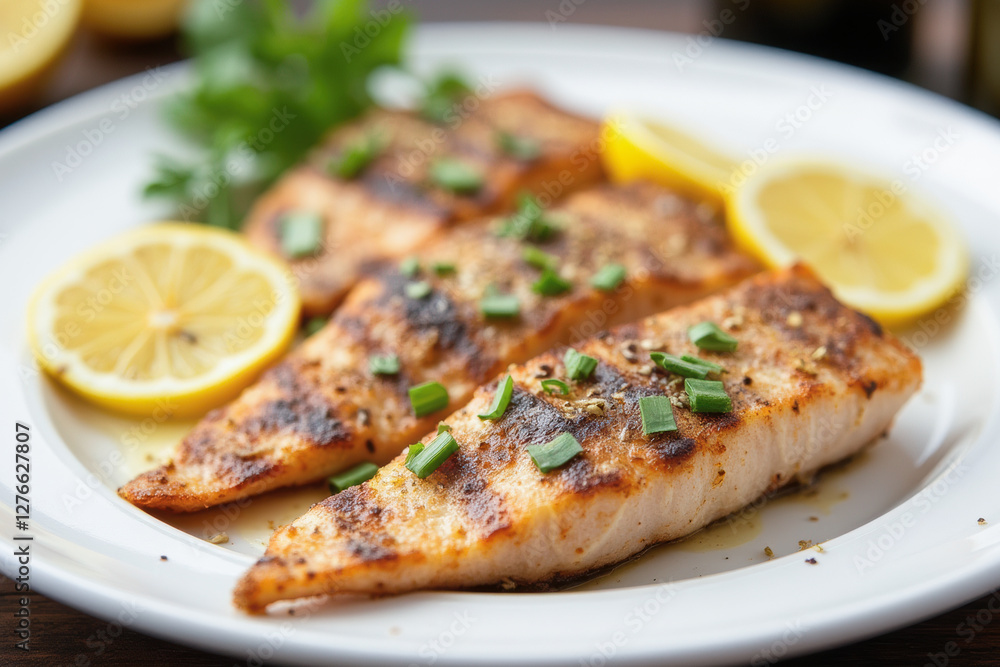 close up grilled fish fillet with lemon slices on a white plate, served in a restaurant close up grilled fish fillet with lemon slices on a white plate, served in a restaurant