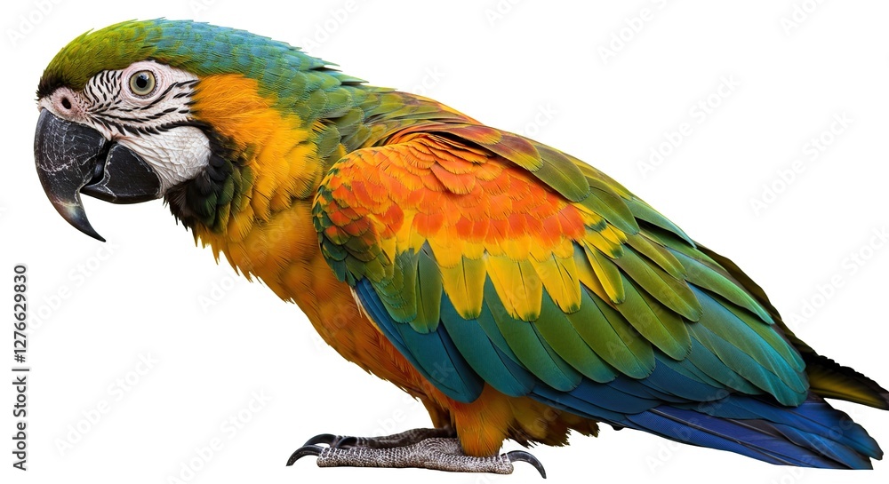 Fototapeta premium Striking Blue and Gold Macaw Parrot Isolated on White Background