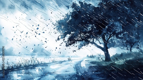 A solitary tree stands on a road during a stormy day. Blue and gray tones dominate the landscape. Rain and wind are visible. The style is painterly.