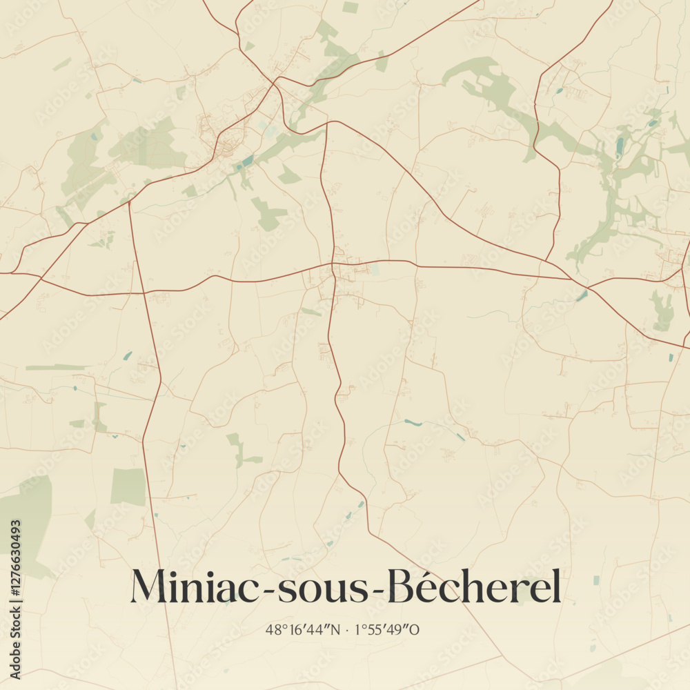 Fototapeta premium Vintage map of Miniac-sous-Bécherel, France.