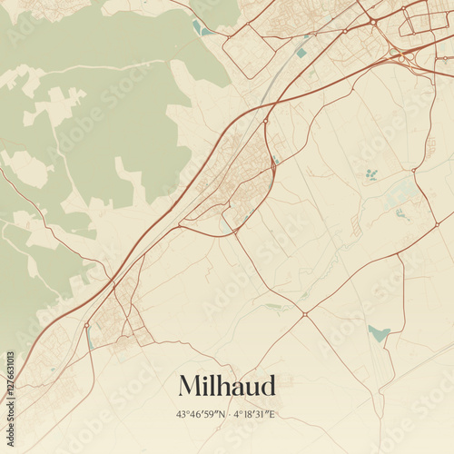Vintage map of Milhaud, France.