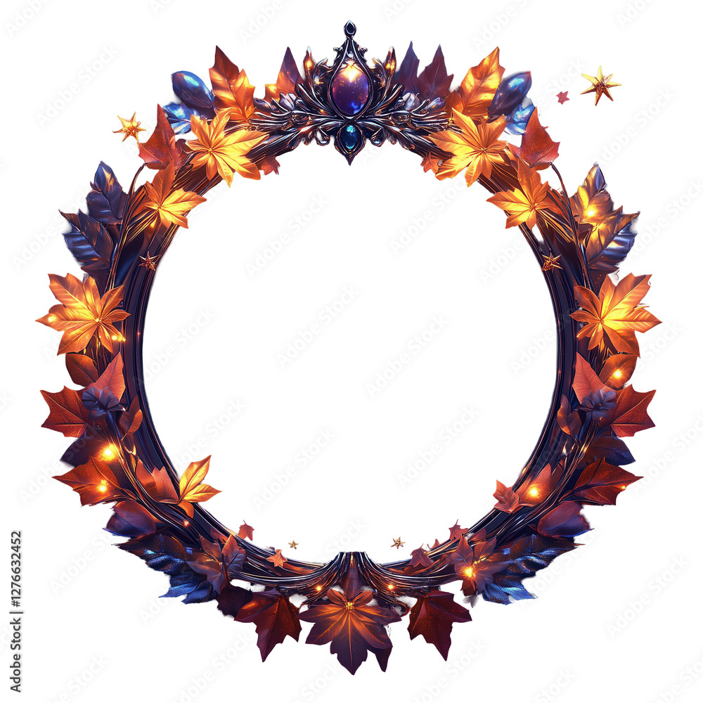 Fototapeta premium Circular Floral Frame with Leaves and Tiara and Flowers