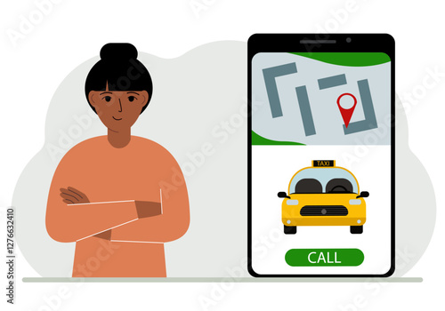 A woman next to a large smartphone on the screen which has a taxi and geolocation. The concept of a mobile taxi application or ordering a taxi online. Vector flat illustration