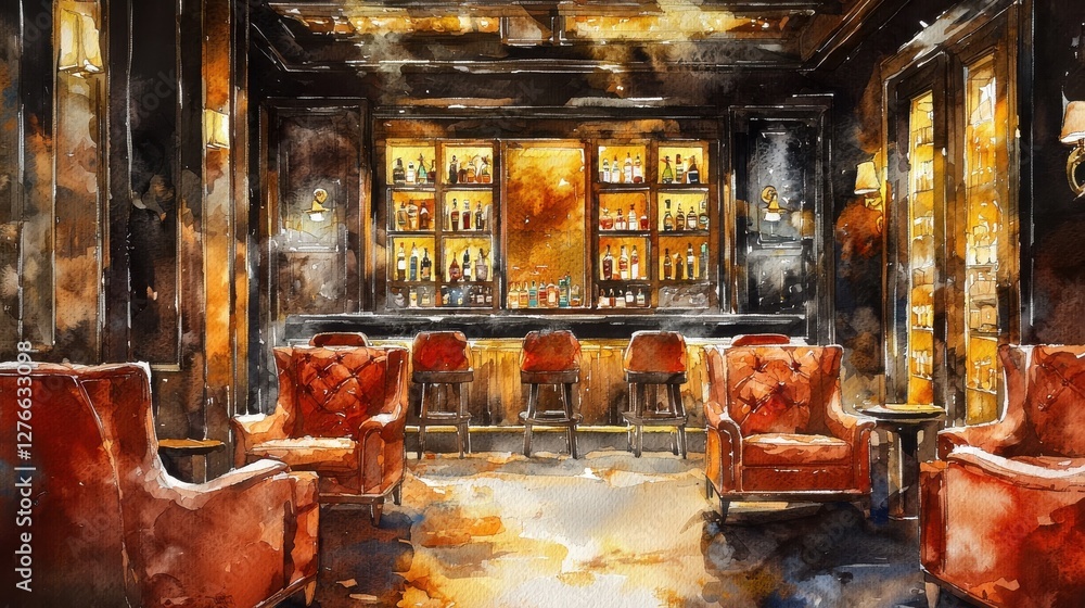Watercolor painting of a dimly lit bar with red armchairs, a dark wood bar, and shelves stocked with liquor bottles. Warm lighting and rich colors create a cozy atmosphere. Watercolor painting of a dimly lit bar with red armchairs, a dark wood bar, and shelves stocked with liquor bottles. Warm lighting and rich colors create a cozy atmosphere.