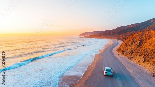 Scenic road trips in the USA depend on weather. A serene coastal landscape at sunset, featuring a car parked on a sandy beach with waves gently lapping at the shore. photo