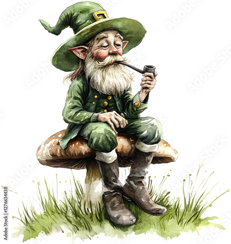 watercolor leprechaun character sitting on a toadstool mushroom and holding a tiny pipe
