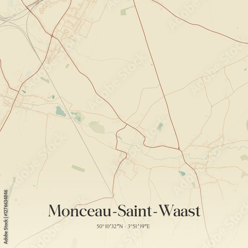Vintage map of Monceau-Saint-Waast, France.
