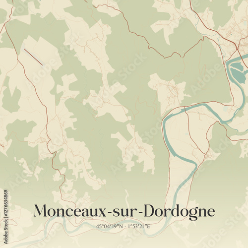 Vintage map of Monceaux-sur-Dordogne, France.